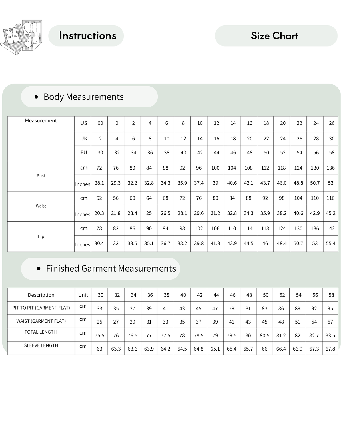 Perla sewing pattern size chart with 15 sizes from EU 30 to EU 58
