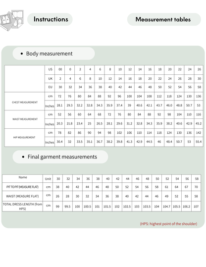 PILAR dress sewing pattern measurement chart showing body measurements in centimeters and inches, fi nished garment measurements and 15 sizes from EU 30 to 58