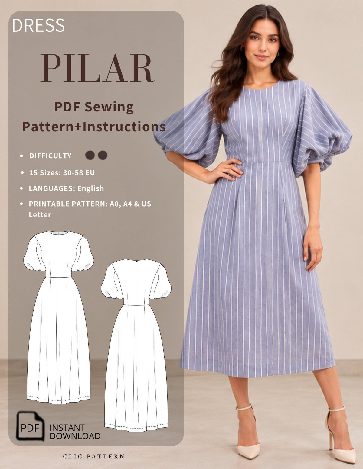 PILAR puff sleeve dress sewing pattern PDF cover featuring a blue striped A-line midi dress, front and back garment illustrations, 15 sizes EU 30–58 and instant digital download