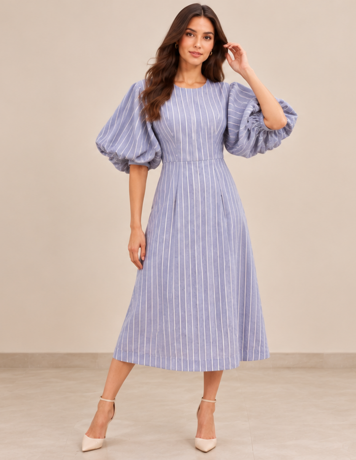 Full-length front view of the PILAR women's puff sleeve midi dress in blue striped fabric, featuring a fi tted bodice, defi ned waist and elegant A-line silhouette.