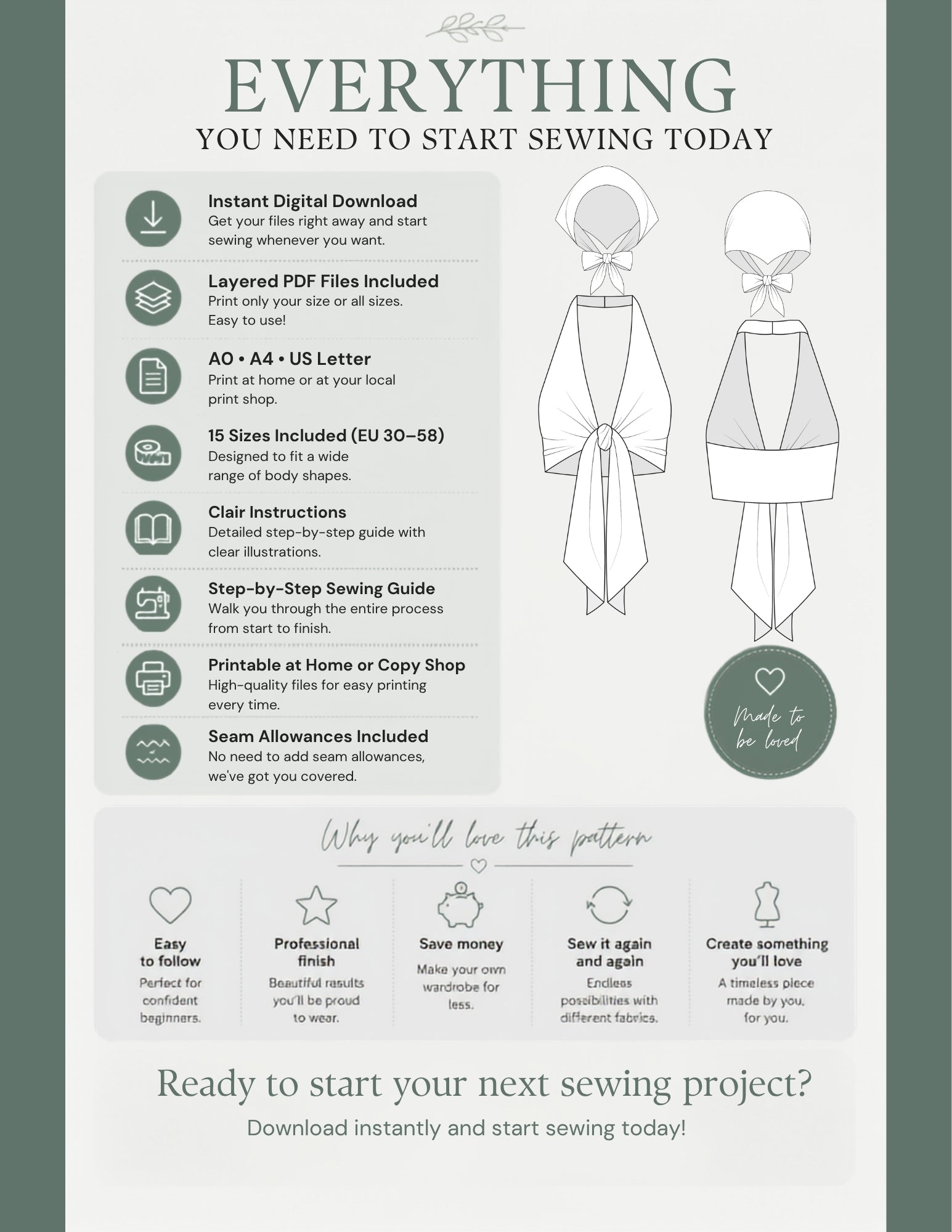 Promotional infographic for a sewing pattern titled 'EVERYTHING YOU NEED TO START SEWING TODAY' on a muted green background. It lists included items such as instant digital download, layered PDF files, A0/A1/A2/Letter size options, clear instructions, a step-by-step sewing guide, printable files, and seam allowances.