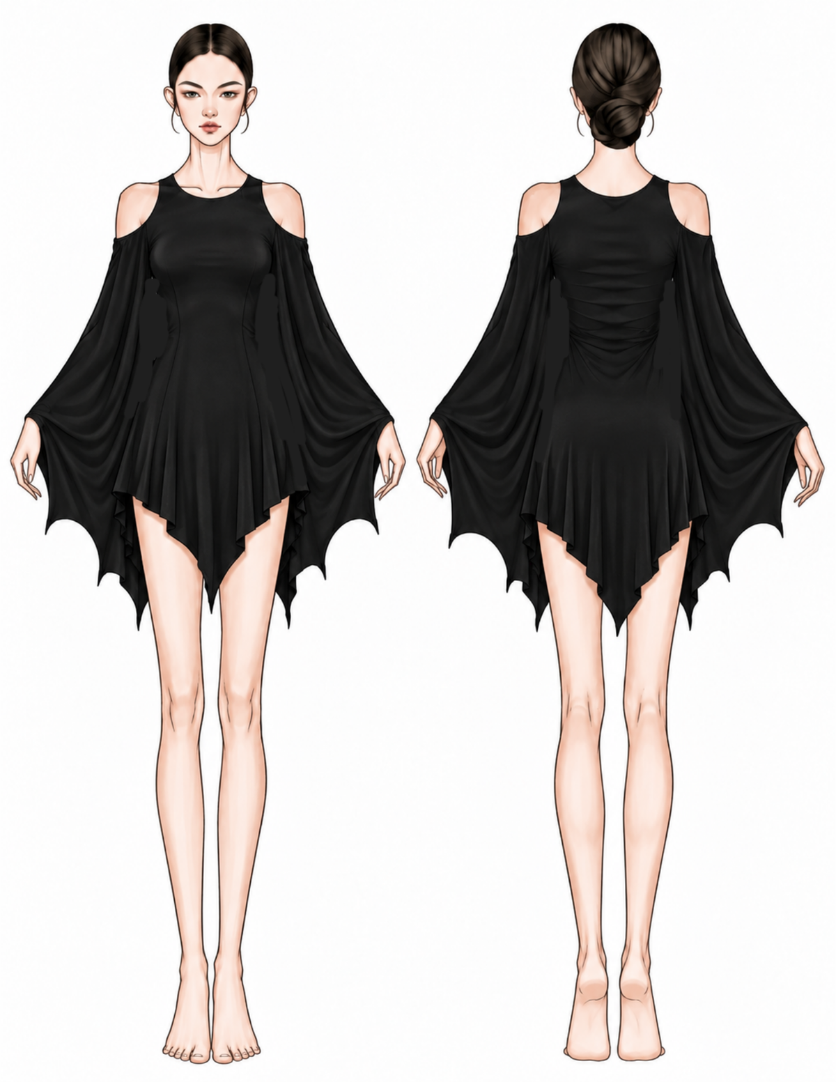 Front and back fashion illustrations of the 
Raven bat wing dress showing its fitted bodice, exposed shoulders, flowing batwingsleeves and pointed asymmetrical hem