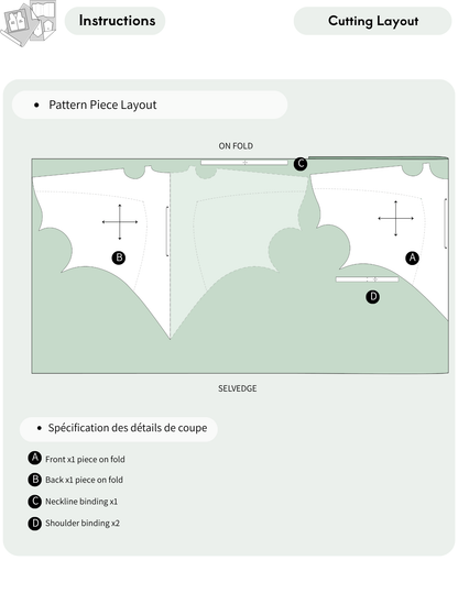 Raven bat wing dress PDF sewing pattern 
cutting layout illustrating the front and back 
pieces cut on the fold, neckline binding and 
shoulder bindings, with fabric placement 
instructions.
