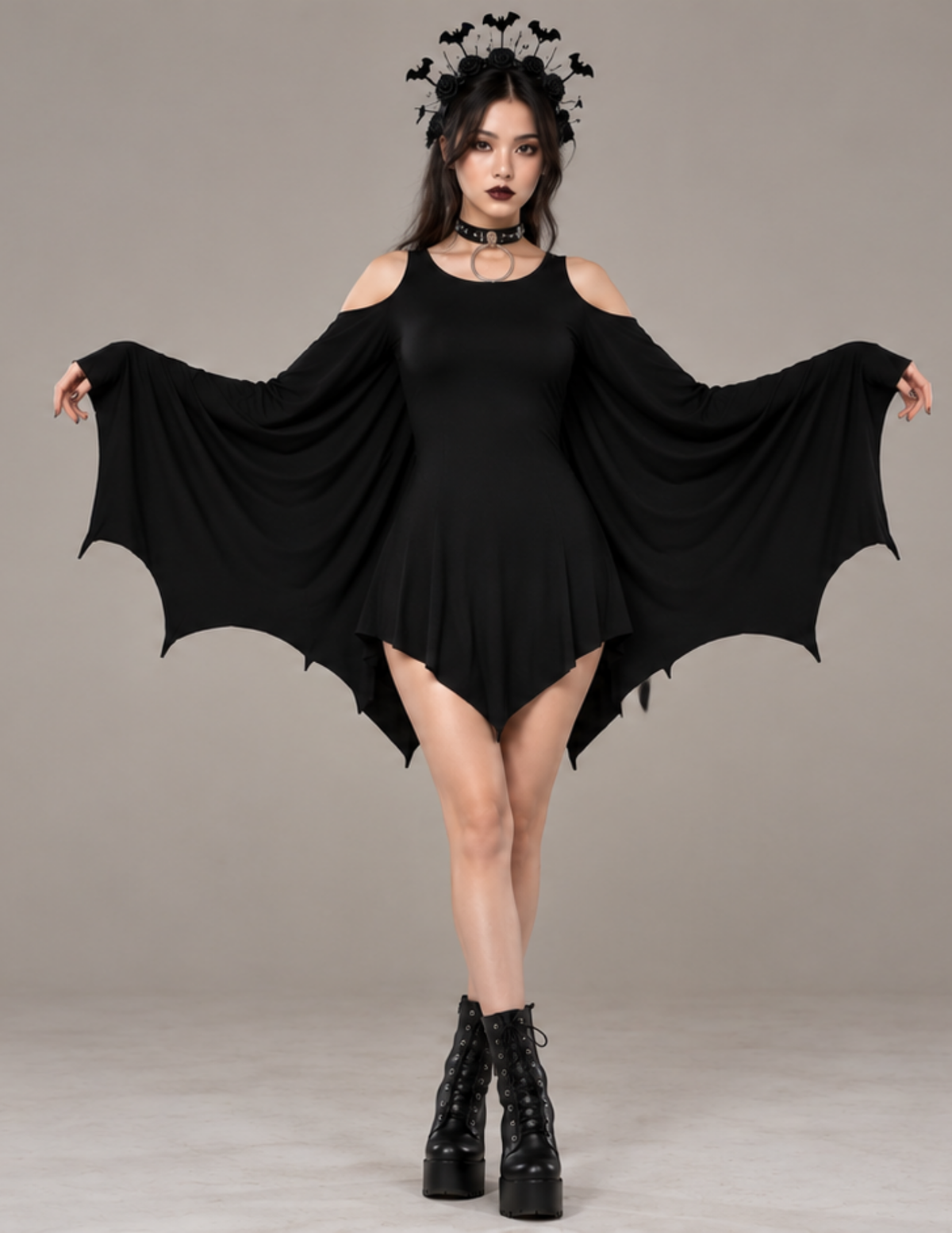 Front view of the black Raven gothic bat wing 
dress with dramatic extended batwing sleeves, 
cold shoulder details and a pointed 
asymmetrical hem, styled for a Halloween 
costume or alternative gothic outfit