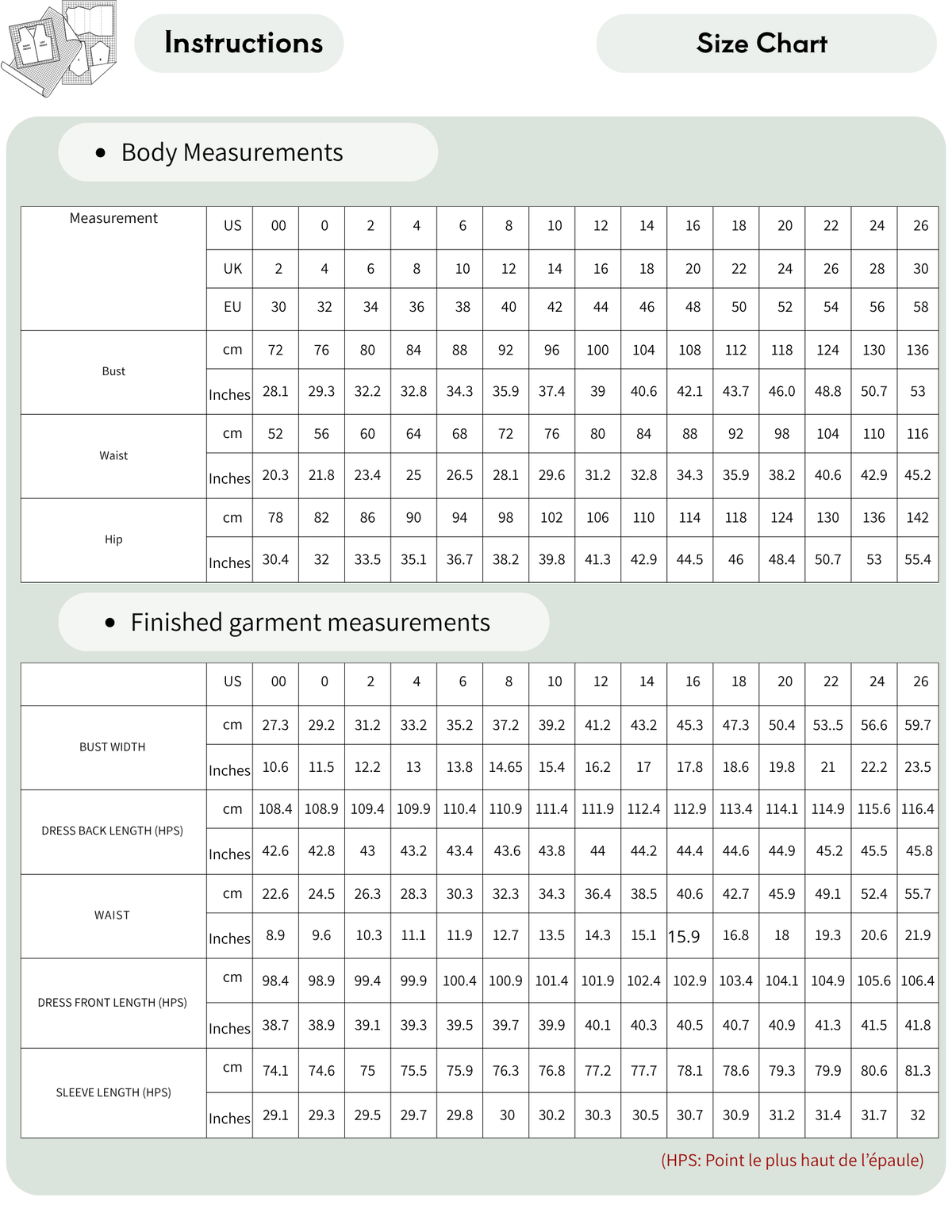 Raven bat wing dress sewing pattern size chart 
showing body measurements and finished 
garment measurements for 15 sizes, from EU 
30 to EU 58, with measurements in centimeters 
and inches