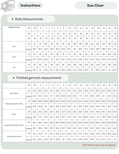 Raven bat wing dress sewing pattern size chart 
showing body measurements and finished 
garment measurements for 15 sizes, from EU 
30 to EU 58, with measurements in centimeters 
and inches
