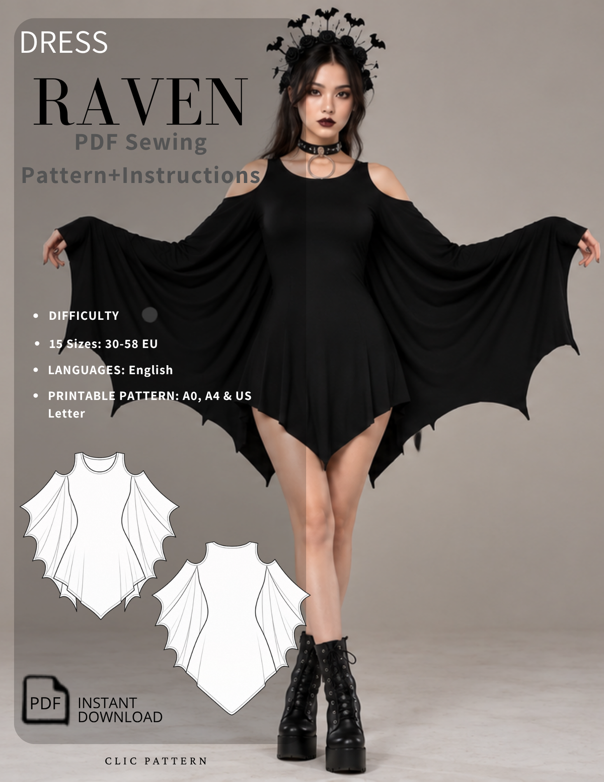 Front view of the black Raven bat wing dress sewing pattern cover, featuring dramatic batshaped sleeves, cold shoulder cutouts and an asymmetrical hem, with PDF pattern 
information and 15 sizes from EU 30–58.