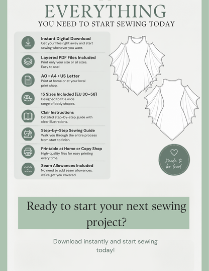 Raven bat wing dress sewing pattern PDF 
features including instant digital download, 
layered PDF files, A0, A4 and US Letter printing 
formats, 15 sizes from EU 30–58, illustrated 
sewing instructions and included seam 
allowances