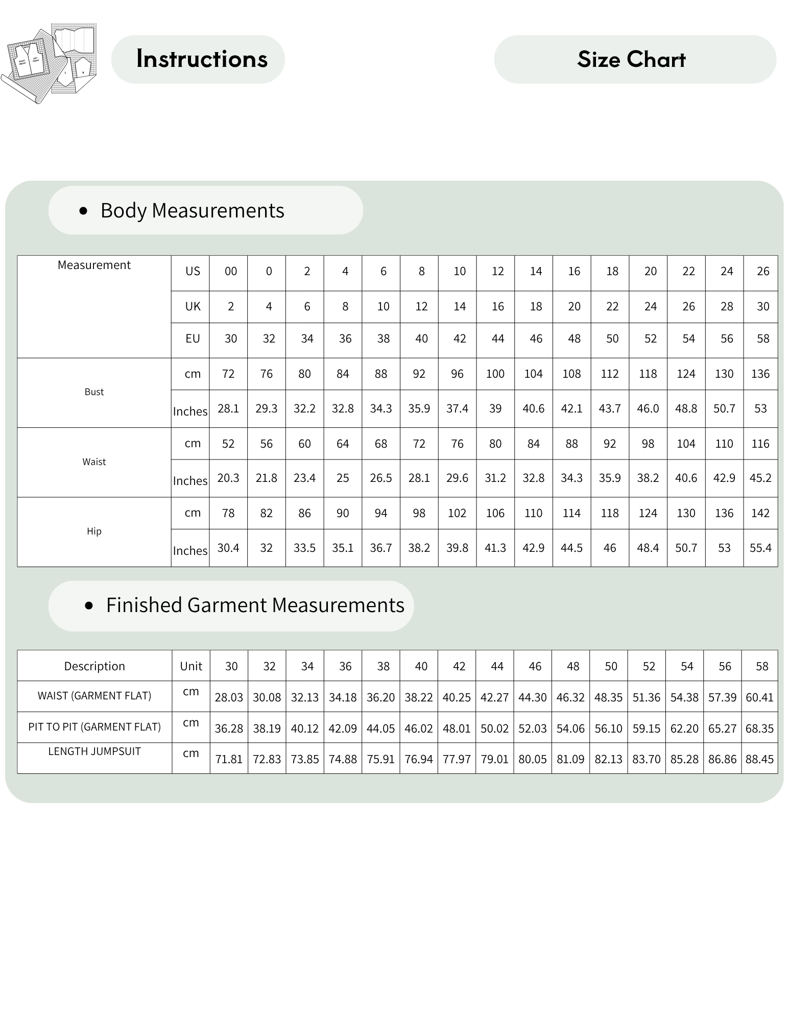 A size chart and instructions sheet for apparel measurements, featuring a body measurements table with US, EU, and UK sizing, and a finished garment measurements table with width, pit to pit, and length jumpsize details.