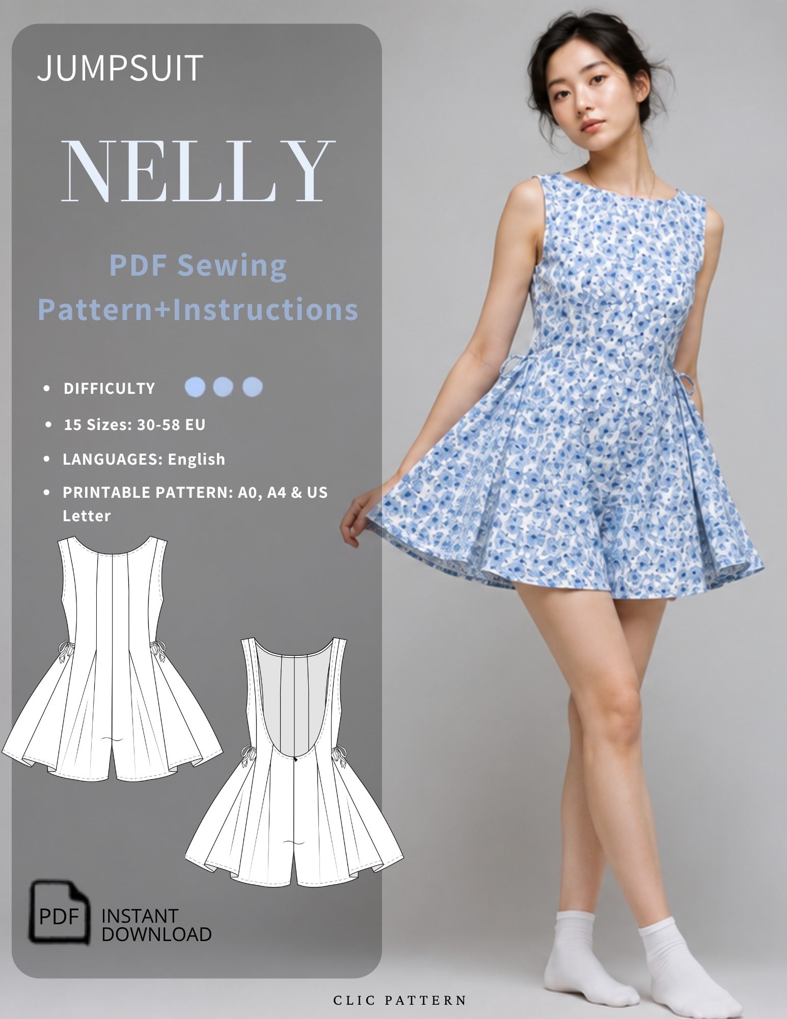Promotional graphic for a Jumpsuit sewing pattern named Nelly, showing a woman modeling a sleeveless blue-and-white floral jumpsuit. The left side includes text describing the pattern and instructions, line drawings of the front and back views, and a PDF instant download badge.