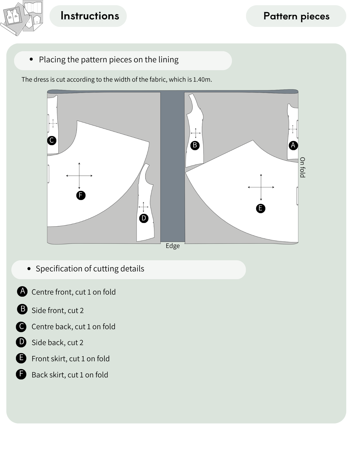ROSALI Dress PDF Sewing Pattern lining cutting layout showing all required pattern pieces