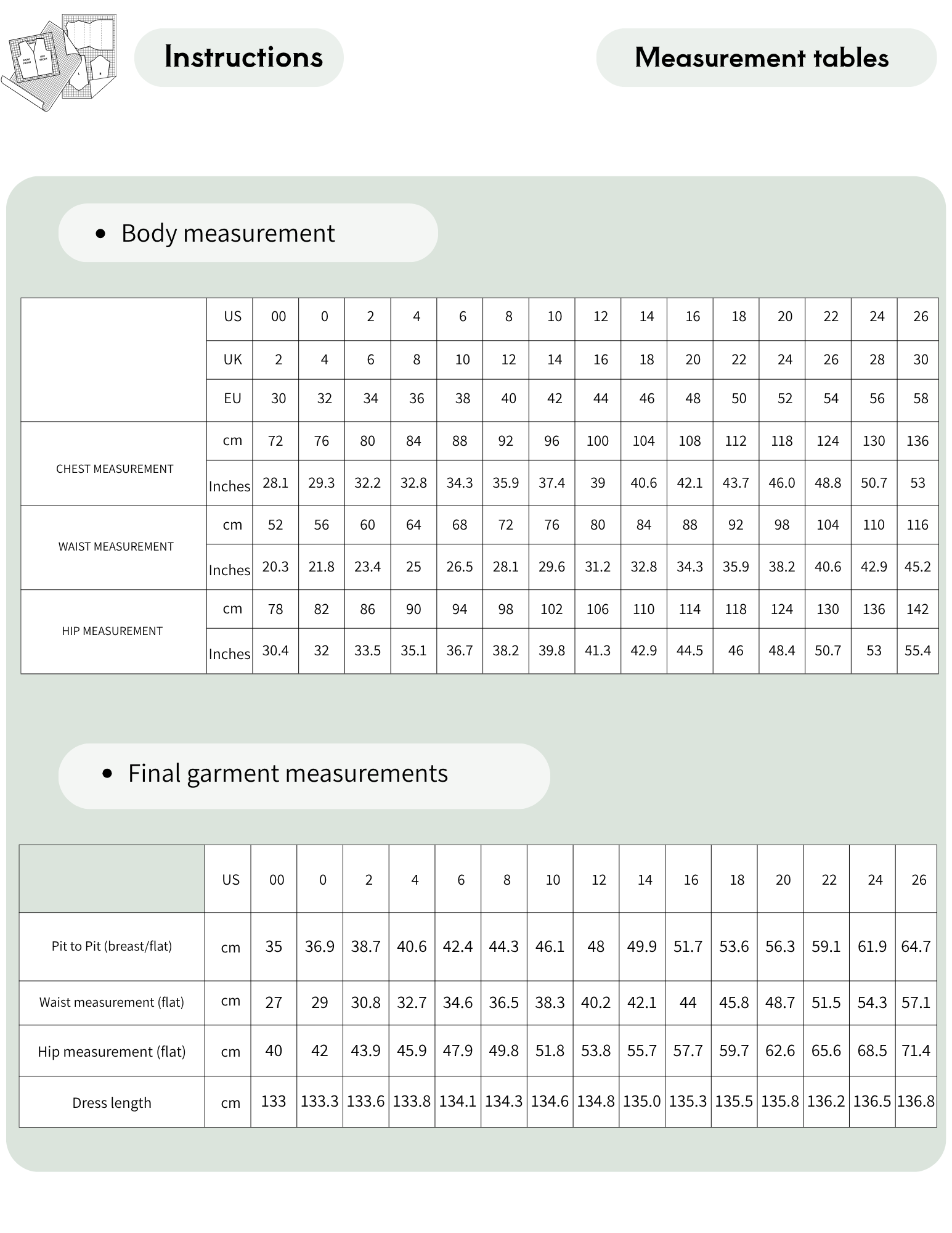 ROSALI Dress PDF Sewing Pattern measurement chart with body and finished garment measurements in 15 sizes EU 30–58