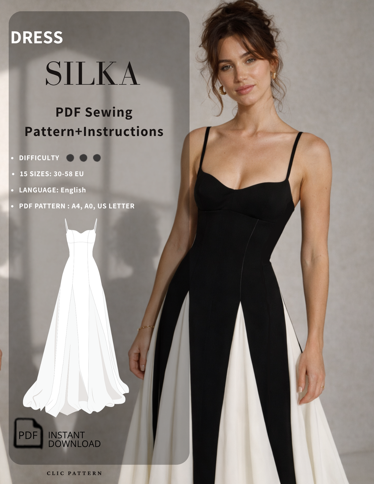 Promotional graphic for a dress sewing pattern labeled 'DRESS SILKA PDF Sewing Pattern+Instructions'. A woman models a black and white color-block midi dress on the right, while the left side shows text details and a white line drawing of the dress silhouette.