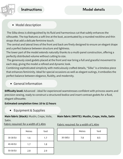 Instruction sheet and model details diagram for constructing a Silika dress form, showing text instructions, estimated time, equipment, and a fabric requirement table with measurements in metres and yards.