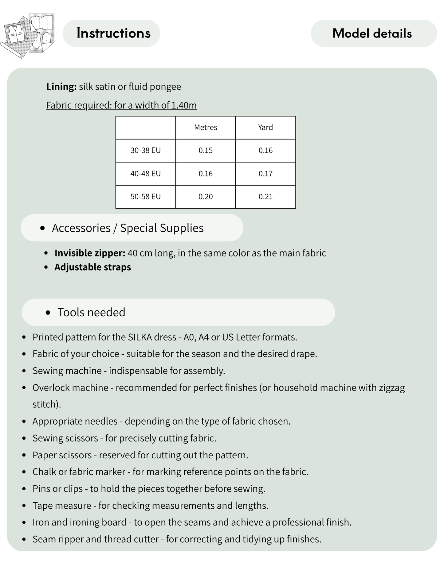 An informational product sheet with a pale green background showing sewing pattern instructions and model details. The page includes text about lining fabric width, a small fabric measurement table, accessory notes, tools needed, and a small sewing machine diagram.