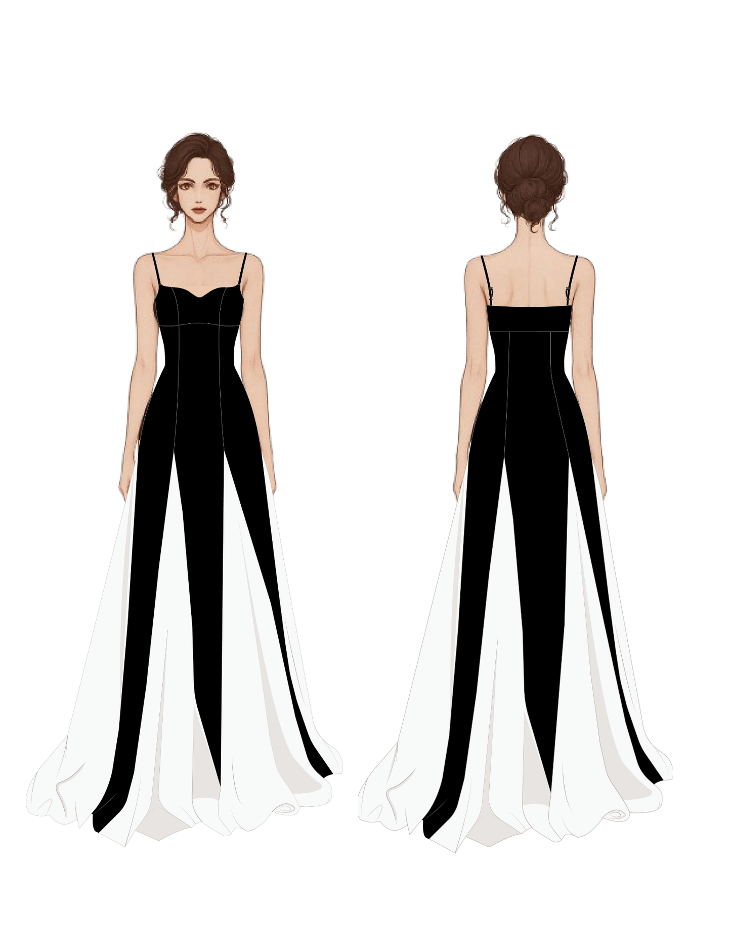 Black and white evening gown displayed from front and back on a white background