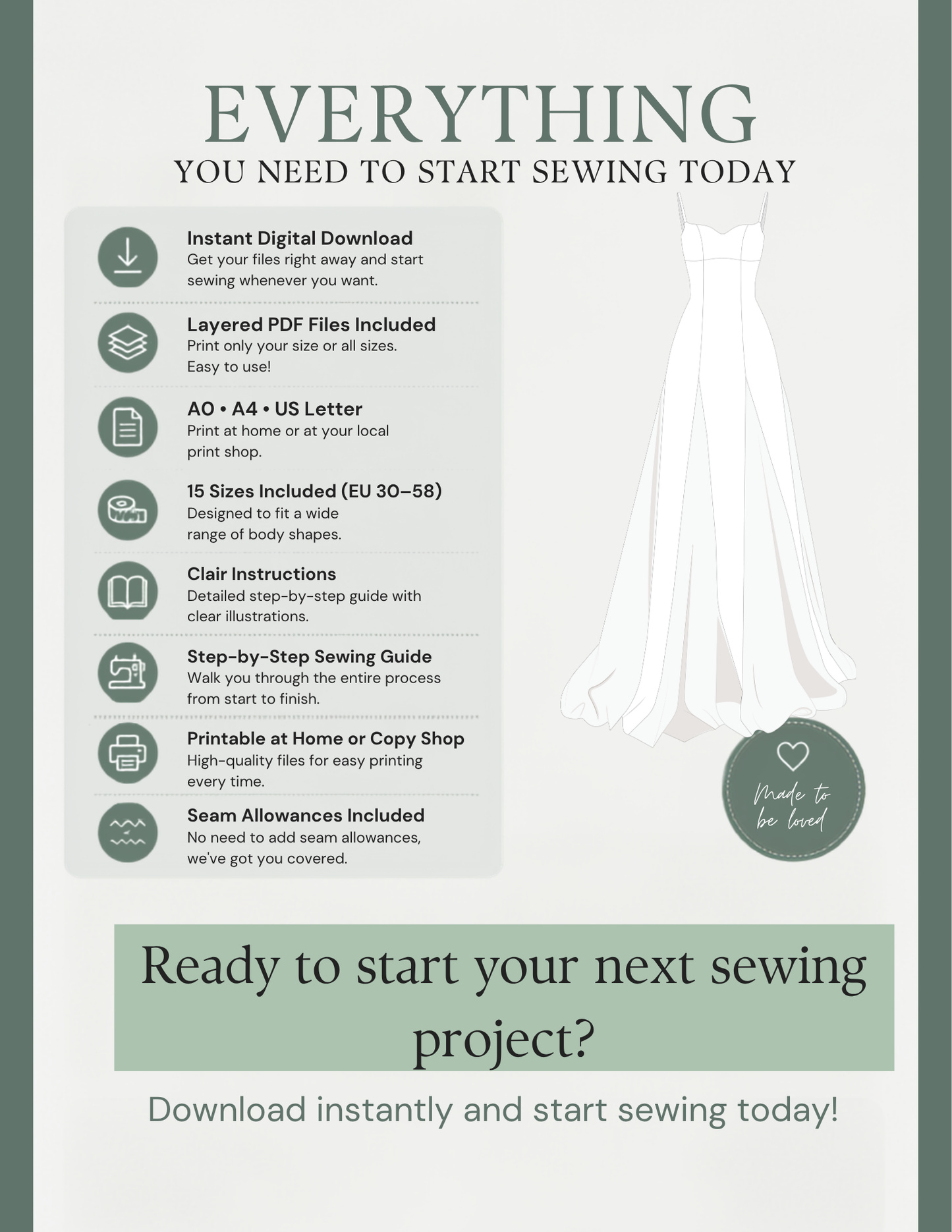 Promotional graphic for a digital sewing pattern download, featuring a white wedding dress illustration, a list of included digital files and features, and text encouraging users to start their next sewing project.