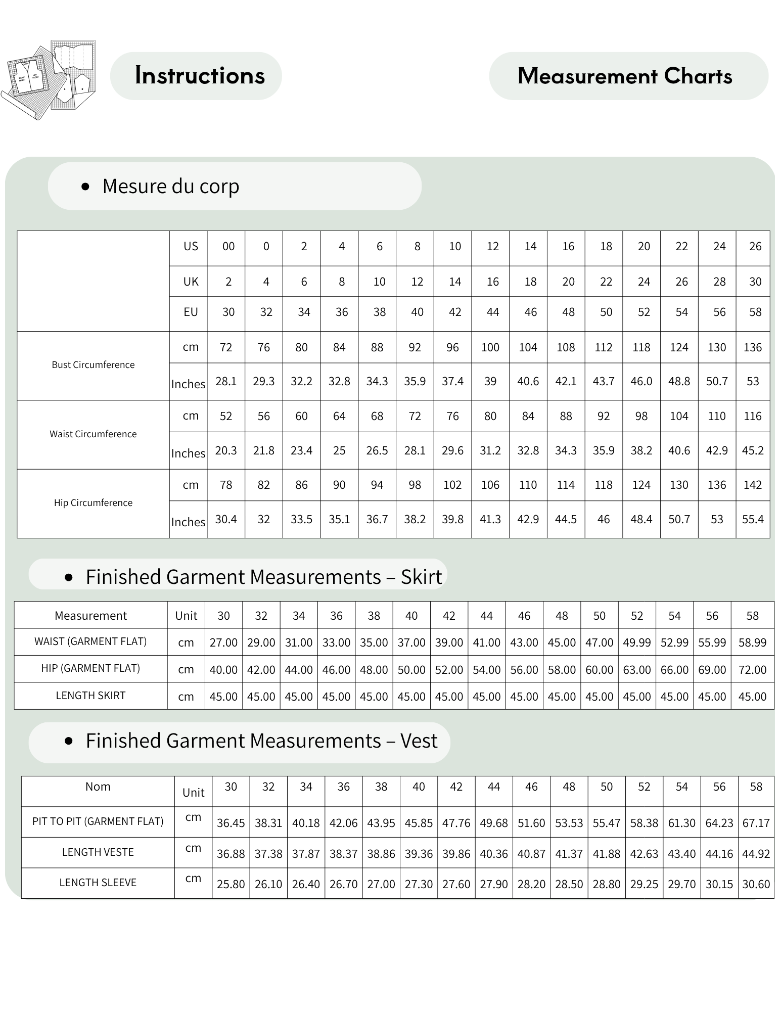 A printed measurement chart and instructions sheet showing body measurements, finished garment measurements for skirt and vest, and sizing tables in inches and centimeters.
