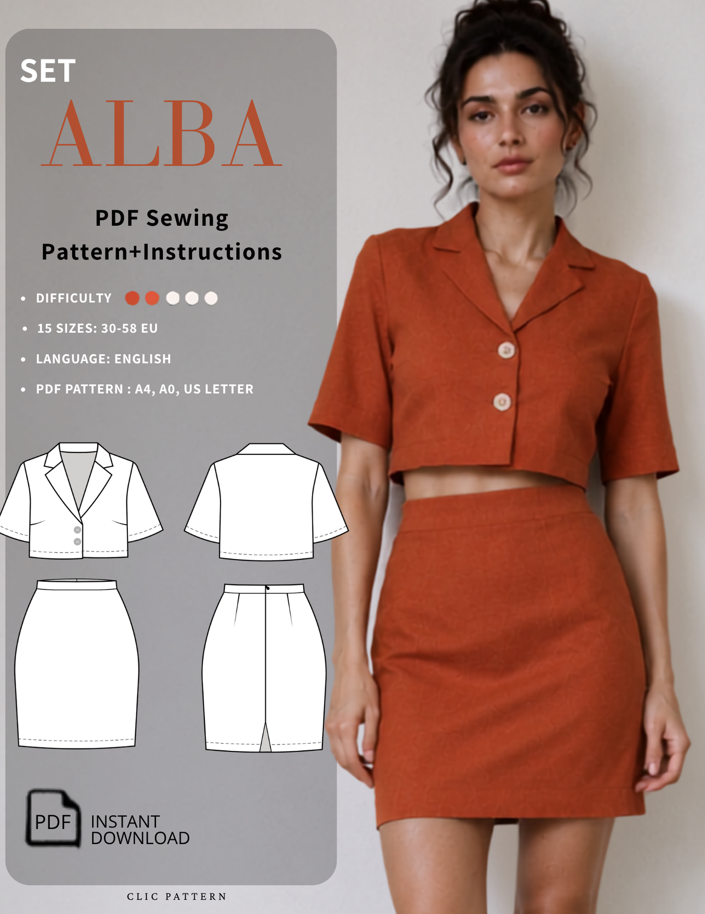 Promotional graphic for a sewing pattern set showing a woman modeling an orange rust short-sleeve collared crop top and matching mini skirt, alongside text reading 'SET ALBA PDF Sewing Pattern+Instructions' and line drawings of the garment layouts.