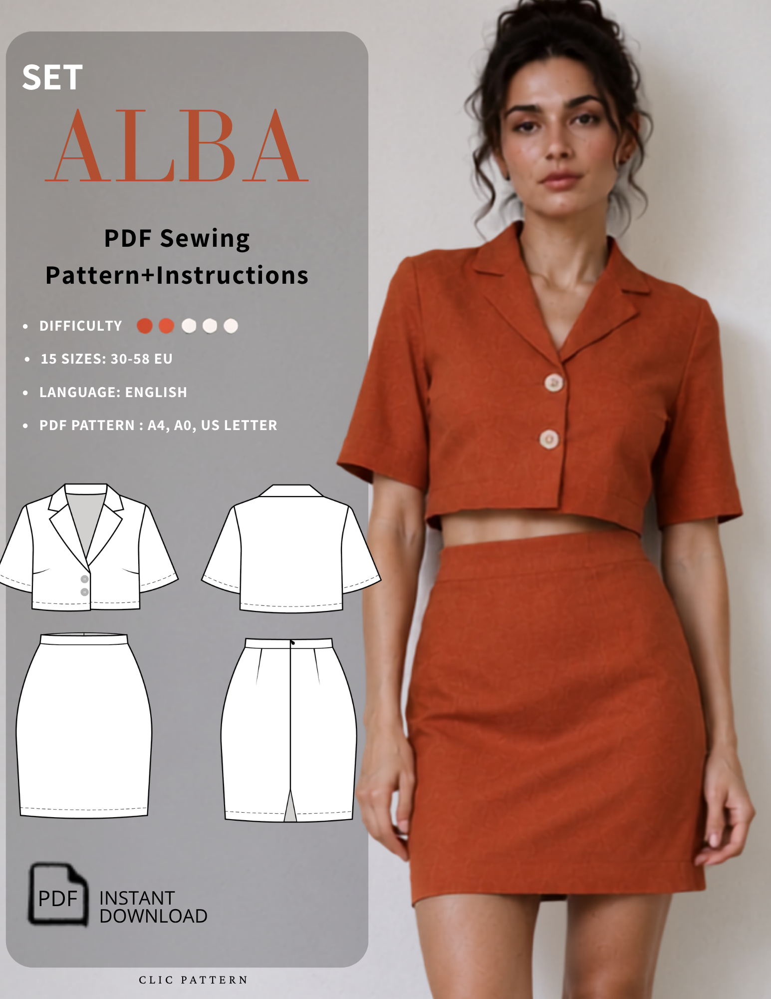 Promotional graphic for a sewing pattern set showing a woman modeling an orange rust short-sleeve collared crop top and matching mini skirt, alongside text reading 'SET ALBA PDF Sewing Pattern+Instructions' and line drawings of the garment layouts.
