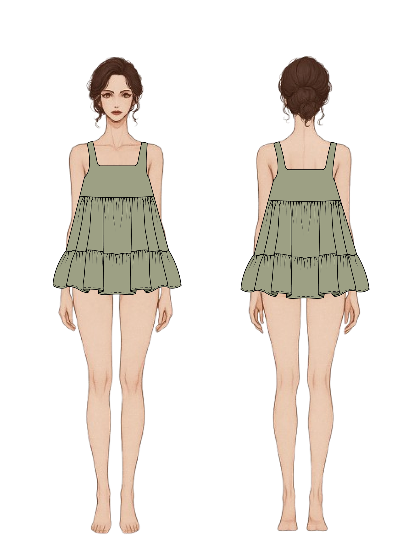 Front and back views of a sleeveless tiered mini dress in sage green, shown on a stylized female model against a plain white background.
