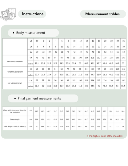 VERNA hoodie sewing pattern 
measurement chart showing body 
measurements and finished garment 
measurements for sizes EU 30-58