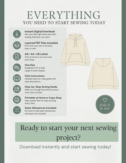 VERNA women's hoodie PDF sewing 
pattern features including instant 
digital download, A4, A0 and US 
Letter formats, illustrated 
instructions, and printable pattern 
files
