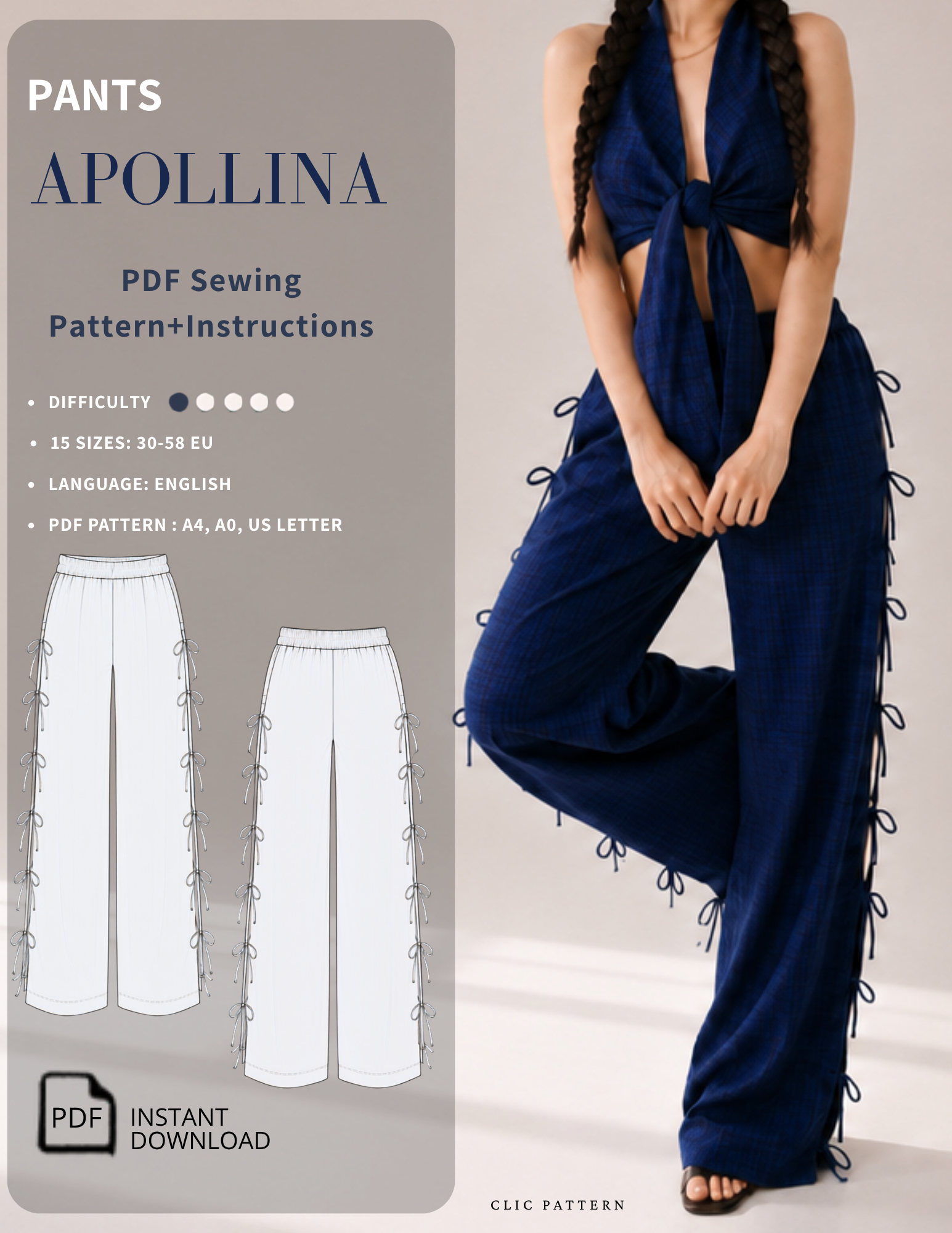 Promotional graphic for the Apollina PDF sewing pattern and instructions for wide-leg pants. The left side features a gray panel with the text 'PANTS APOLLINA PDF Sewing Pattern+Instructions' and line drawings of the white pants with side tie details.