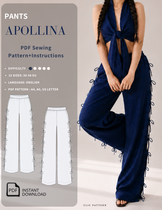 Promotional graphic for the Apollina PDF sewing pattern and instructions for wide-leg pants. The left side features a gray panel with the text 'PANTS APOLLINA PDF Sewing Pattern+Instructions' and line drawings of the white pants with side tie details.