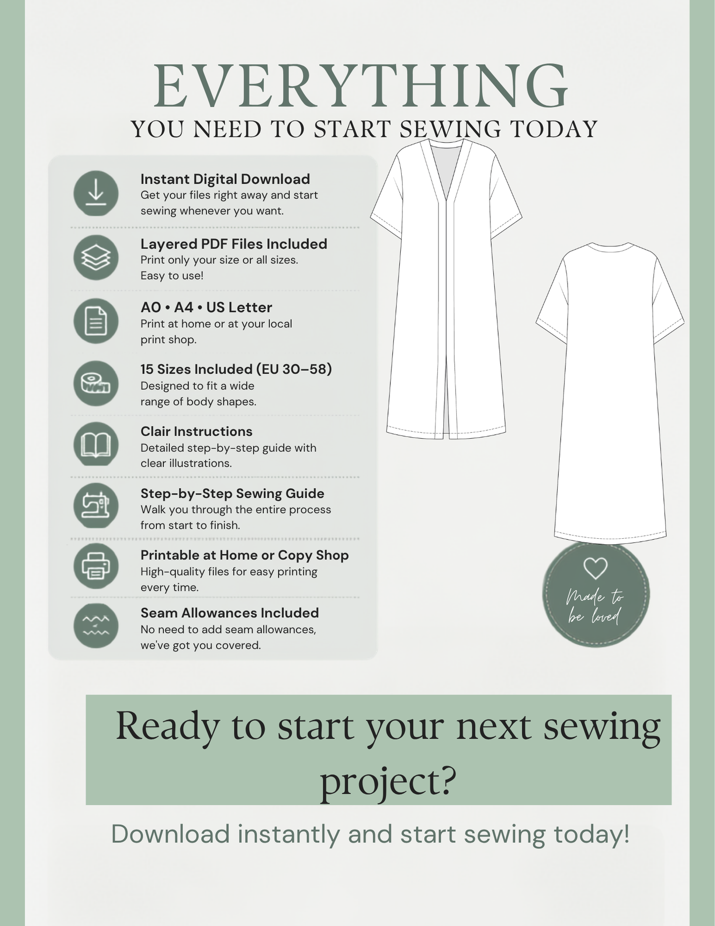Promotional graphic for a digital sewing pattern download, featuring a white dress and T-shirt outline, a list of included digital files, and text inviting users to start sewing today.