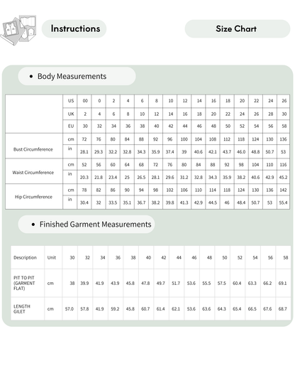 A size chart and instructions table for apparel measurements, with sections for body measurements and finished garment measurements, including US and EU sizing and centimeter measurements.