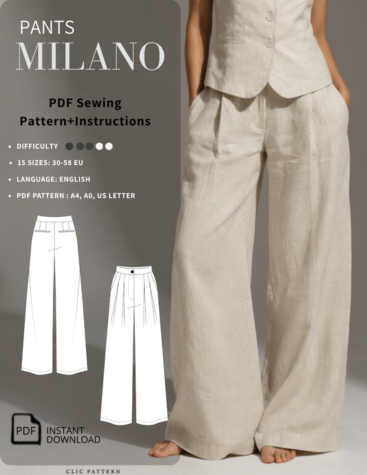 Promotional graphic for a PDF sewing pattern of wide-leg pants. The left side features text reading 'PANTS MILANO' and 'PDF Sewing Pattern+Instructions' with size and language details, alongside white line drawings of the pants.
