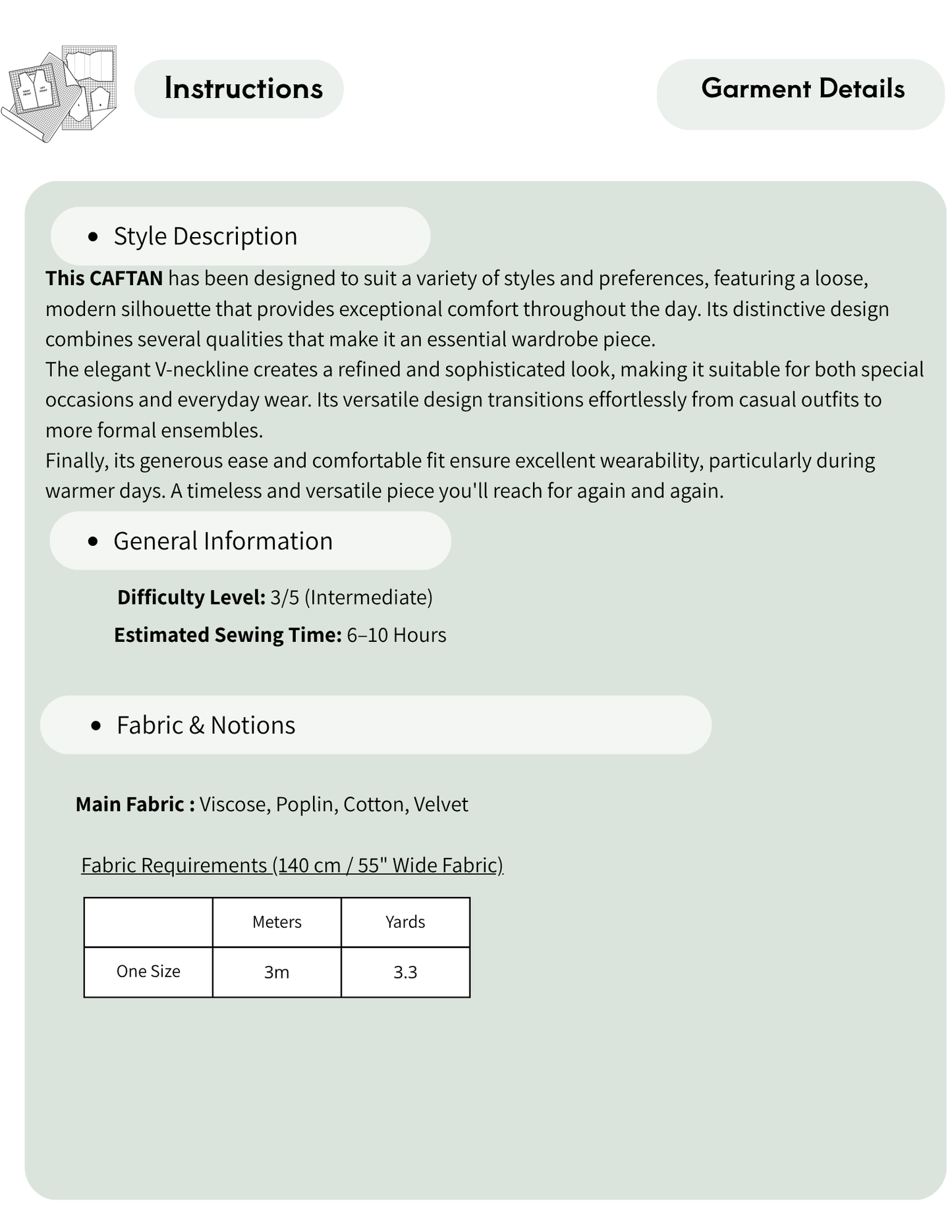A digital document detailing the instructions and fabric requirements for a CAFFAN t-shirt. The page features a light sage green background with black text and bullet points outlining the style description, general information, and fabric specifications, including a small fabric measurement table.