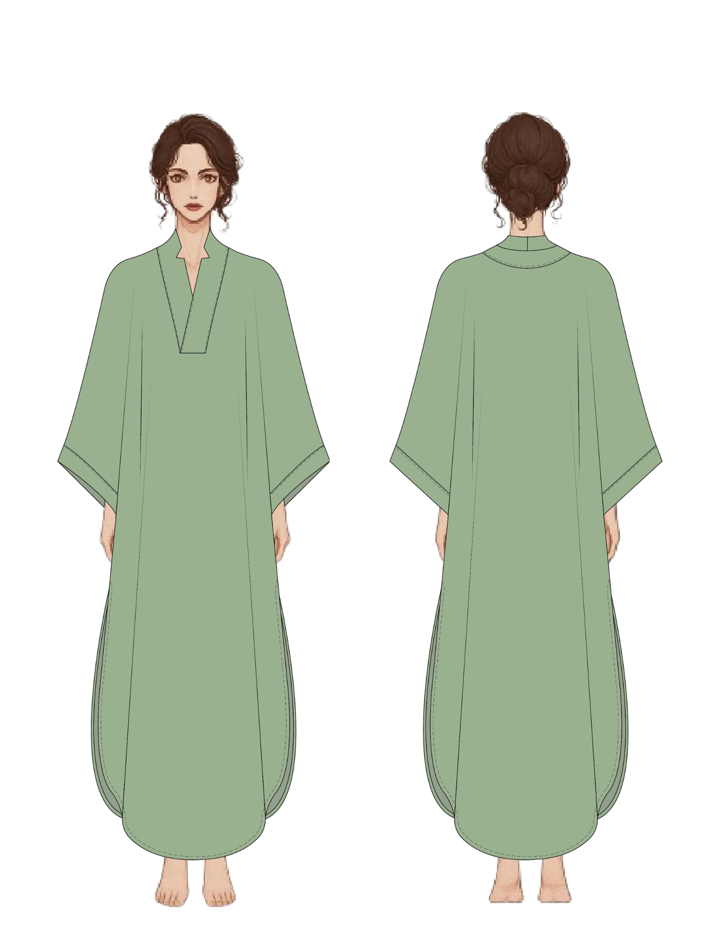 Front and back views of a woman wearing a loose, long-sleeved sage green robe or kimono-style garment on a plain white background.