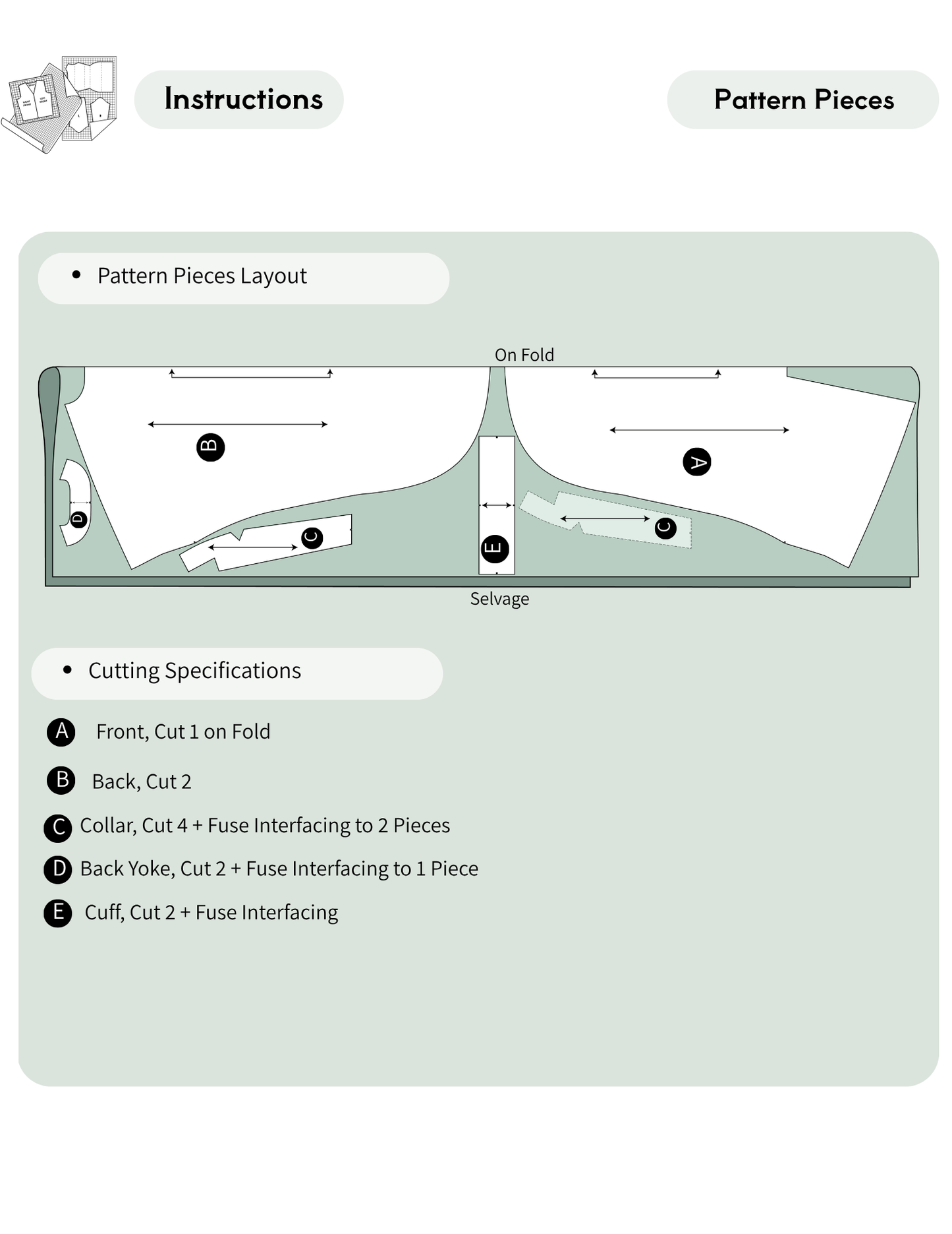 Instruction sheet titled 'Instructions' and 'Pattern Pieces' showing a pattern pieces layout diagram with labeled pieces, fold marks, and cutting specifications on a pale green background.